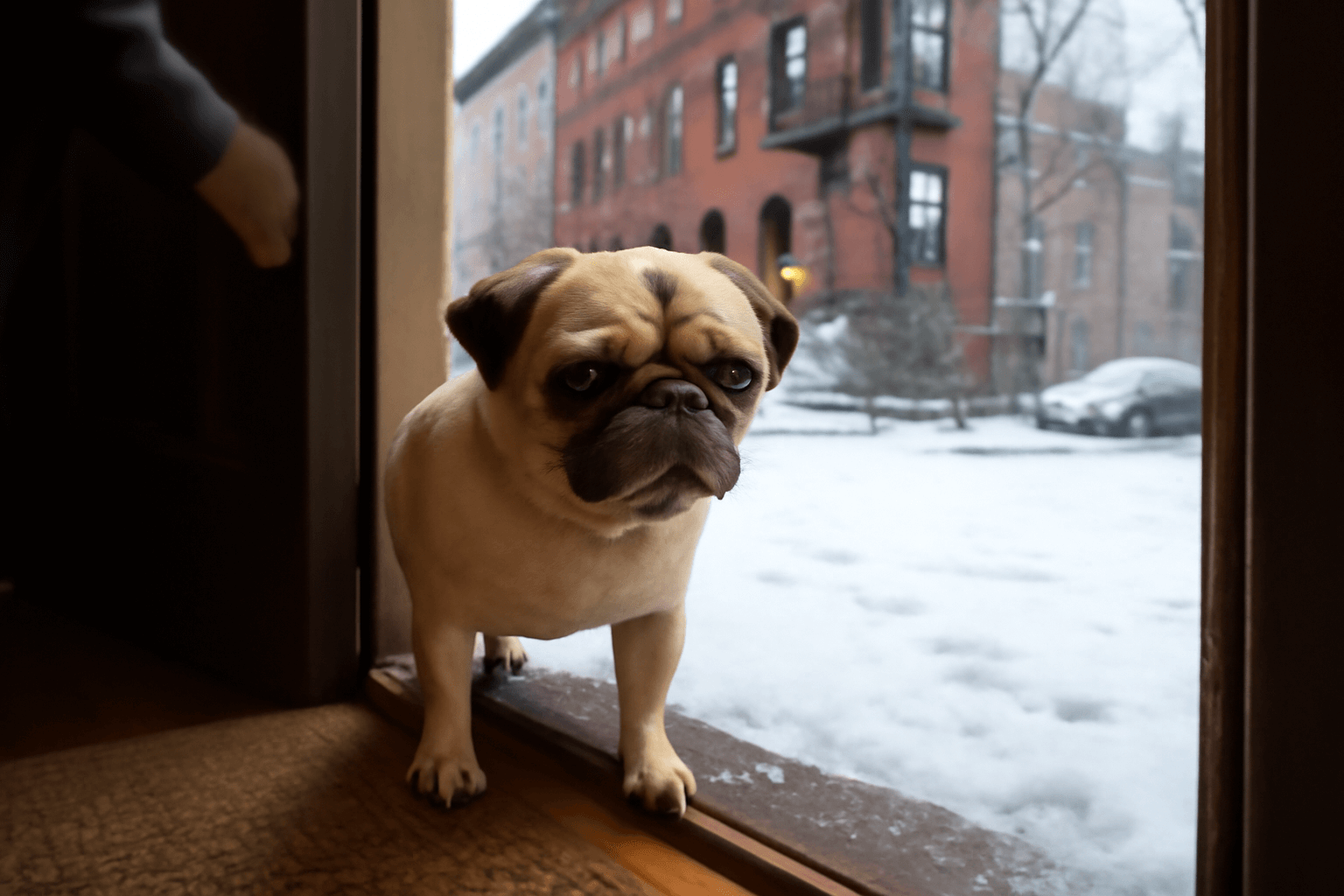 Mopska z new yorku otevre dvere podiva se ven a da snehu jas 1769871658987