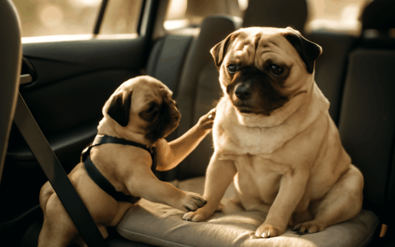 Mopsove frankie a rambo se dohaduji na zadnim sedadle auta 1768107662767