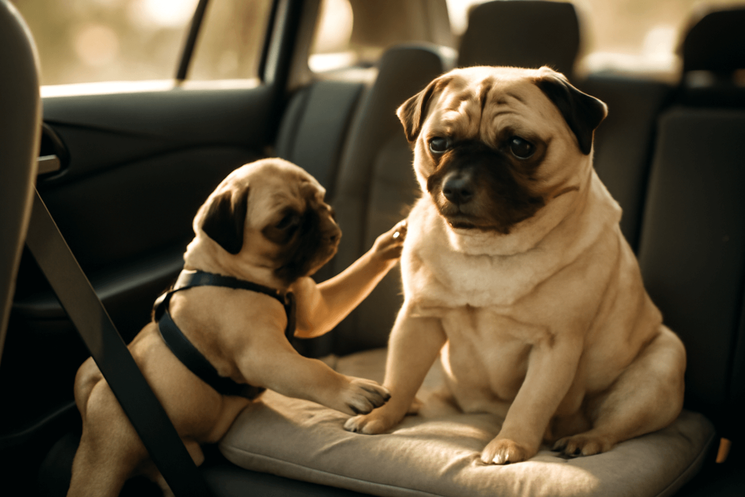 Mopsove frankie a rambo se dohaduji na zadnim sedadle auta 1768107662767