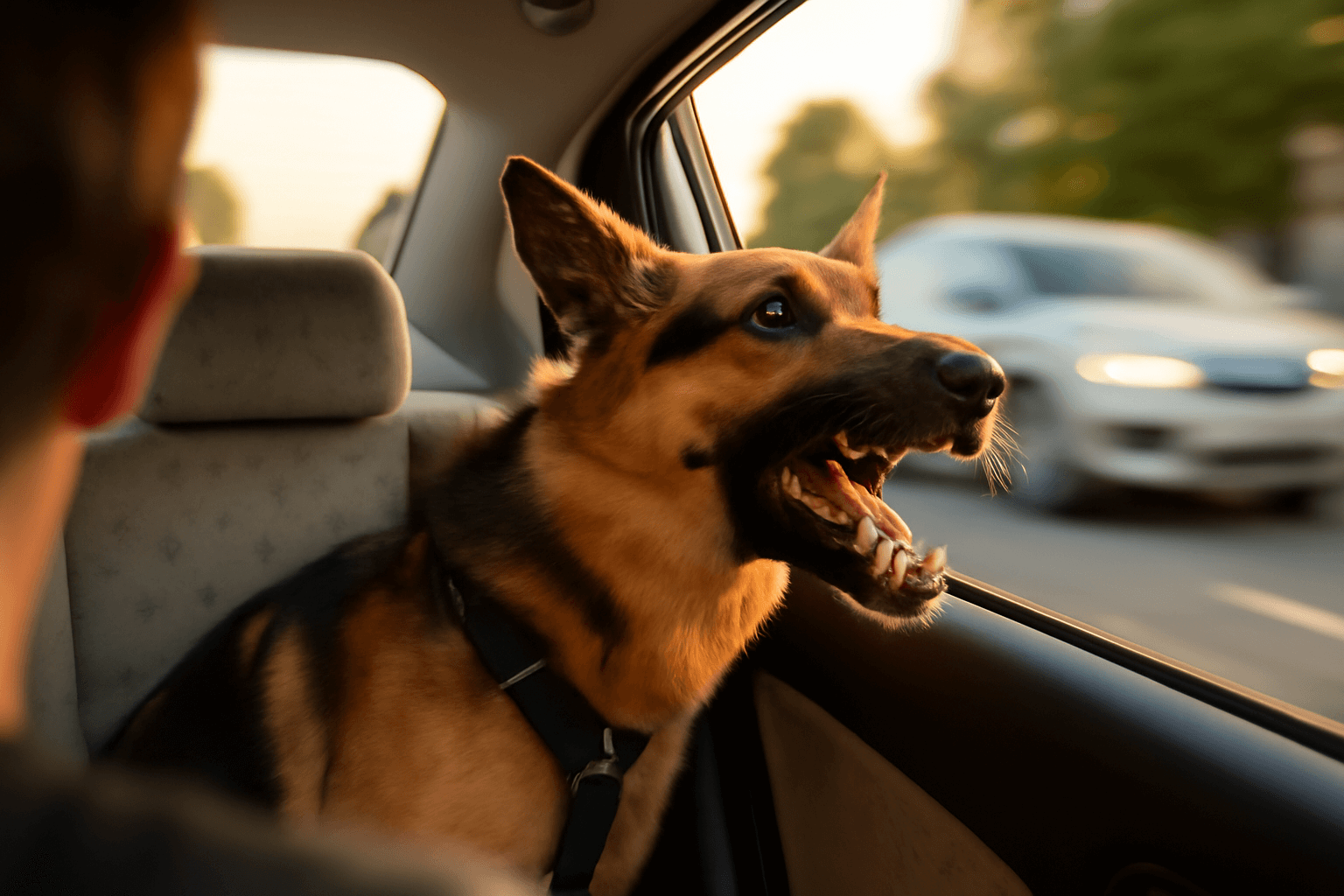 Nemecky ovcak kousa projizdejici auta hlava ven z okna a pln 1768705258866