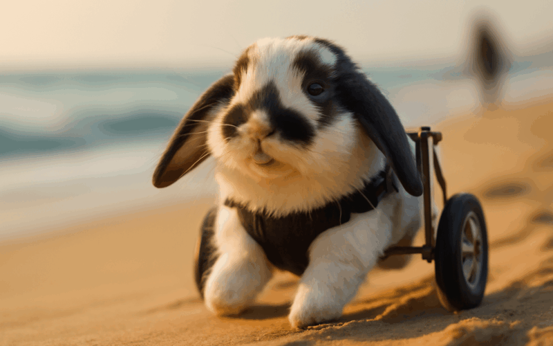 Paralyzovany kralicek winnie si na voziku uziva plaz 1768669262945