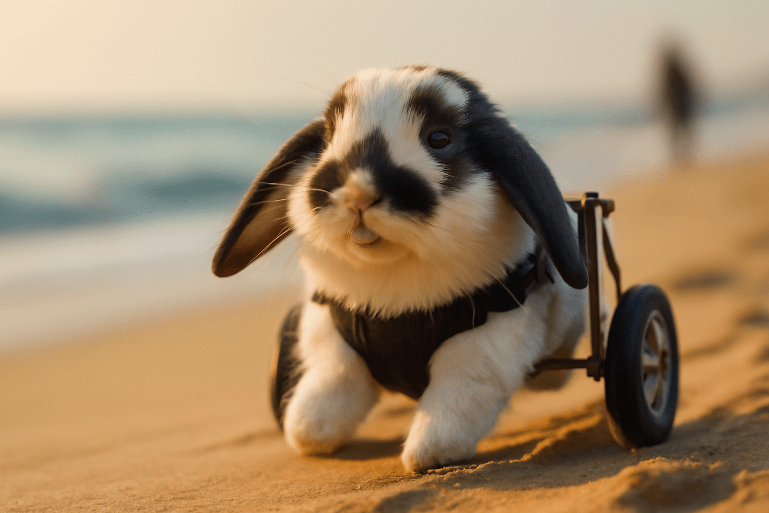 Paralyzovany kralicek winnie si na voziku uziva plaz 1768669262945