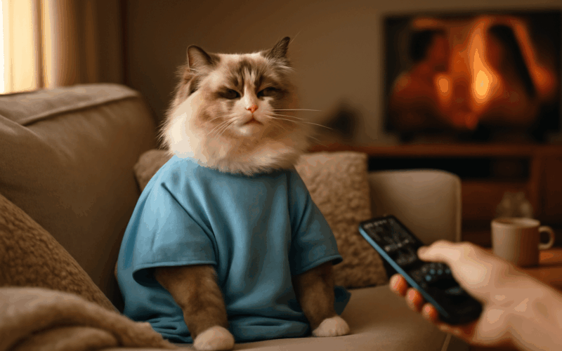 Ragdoll ve muumuu si sedne ke telenovele a vydechne jako by 1768748452357