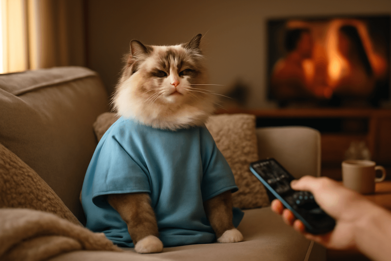 Ragdoll ve muumuu si sedne ke telenovele a vydechne jako by 1768748452357