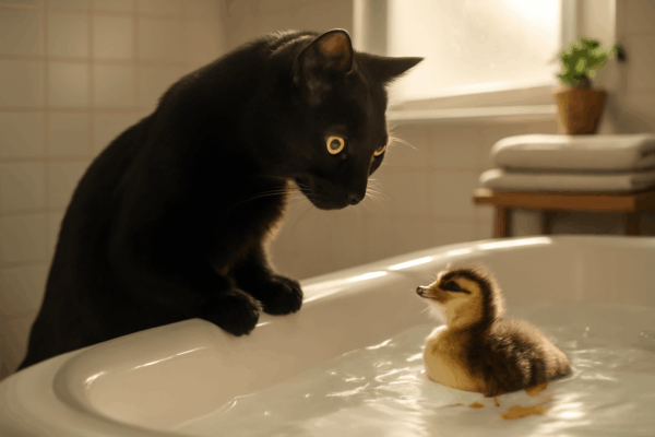 Remy cerna kocka poprve potkava kachnu v koupelne roztomilos 1769662856909