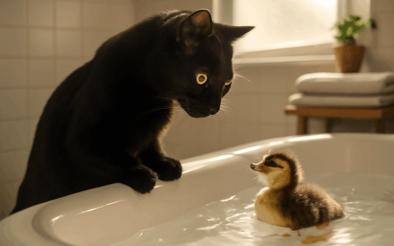 Remy cerna kocka poprve potkava kachnu v koupelne roztomilos 1769662856909