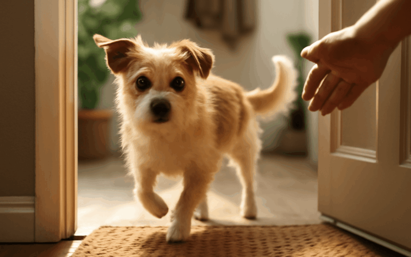 Rescue pes dutch prochazi dvermi pozpatku a vypada to mu dok 1769000459793