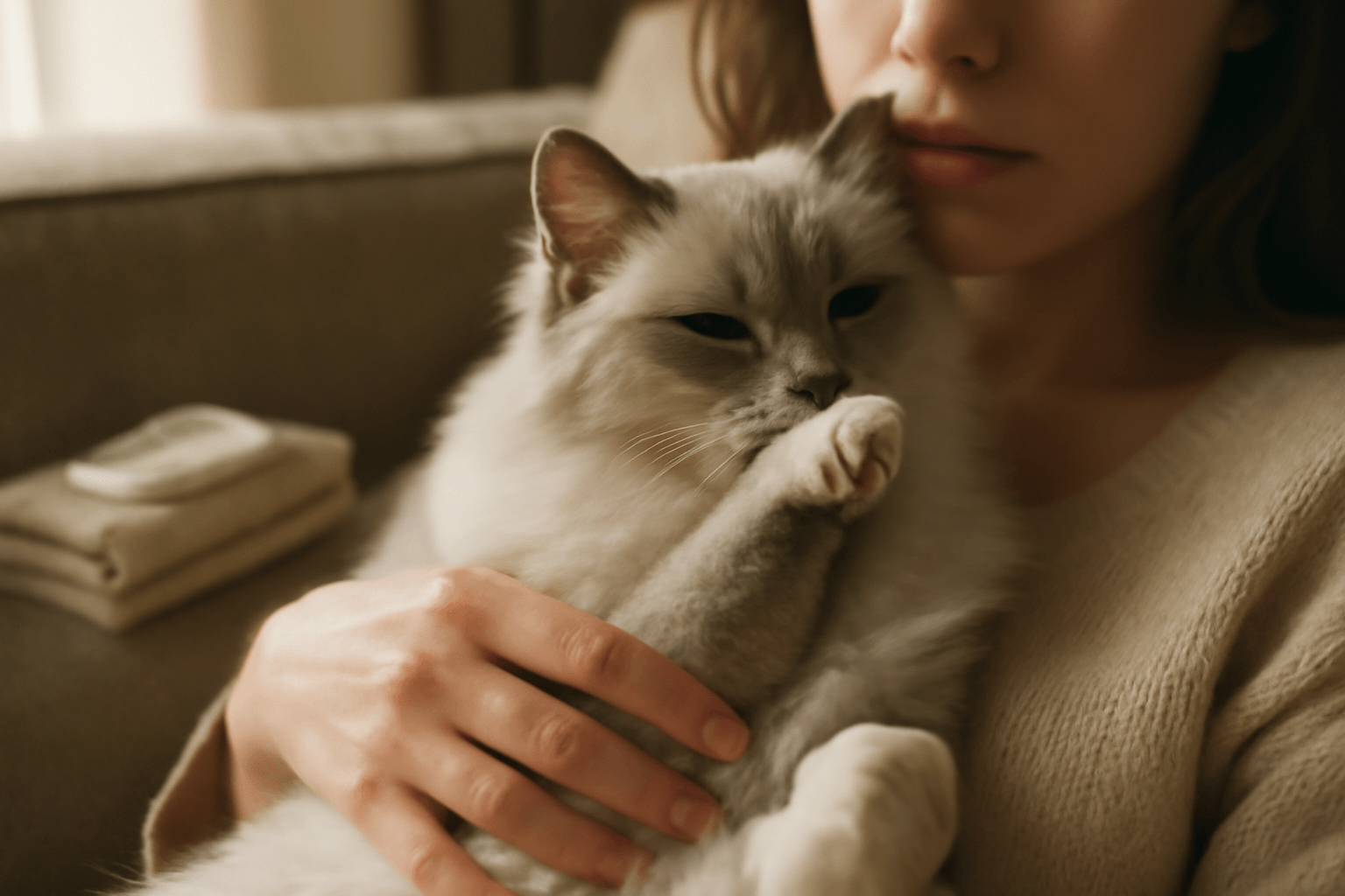 Roztomile ale osemetne ragdoll si opre tlapku o mamciny rty 1769713263279