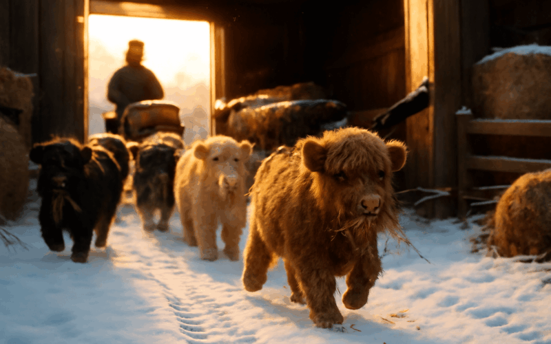 Roztomile mini highland kravy se stehuji do stodoly kvuli le 1769648463742