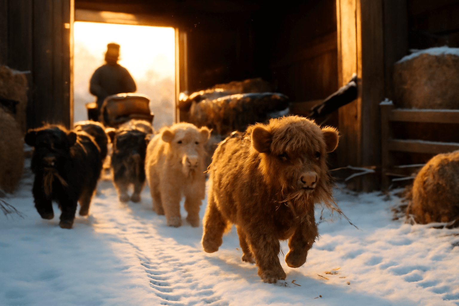 Roztomile mini highland kravy se stehuji do stodoly kvuli le 1769648463742