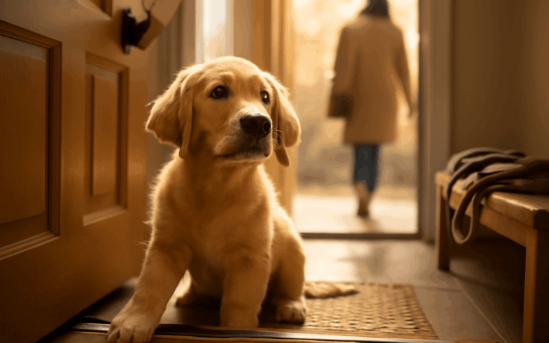 Scottie stene zlateho retrivra zoufale reaguje kdyz maminka 1768582849747