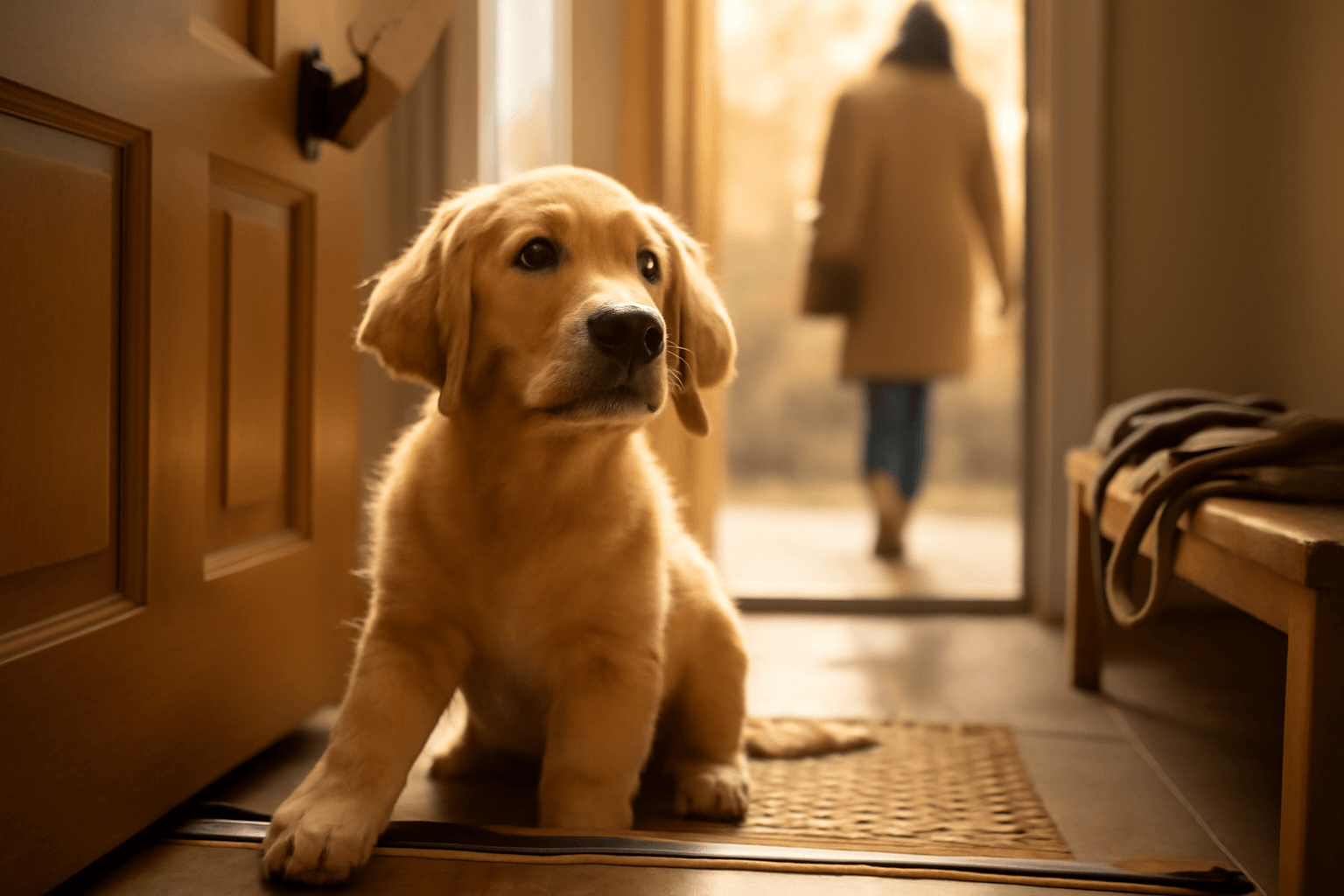 Scottie stene zlateho retrivra zoufale reaguje kdyz maminka 1768582849747