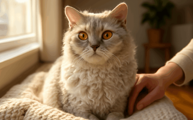 Selkirk rex s kudrnatou srsti a ocima barvy citronoveho bonb 1767970891423