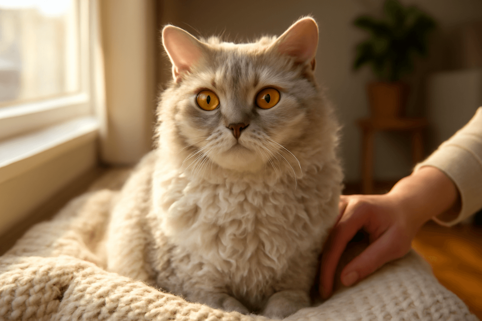 Selkirk rex s kudrnatou srsti a ocima barvy citronoveho bonb 1767970891423