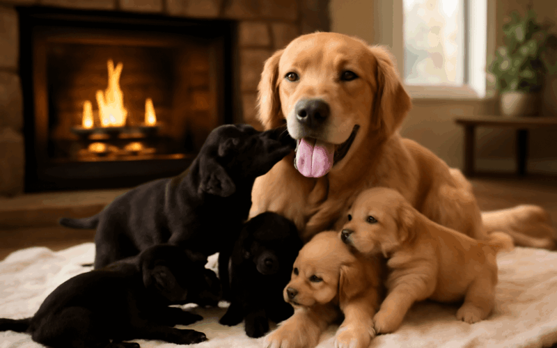 Vrcholne stesti tatinek golden retrivr obklopeny stenaty 1769389254413