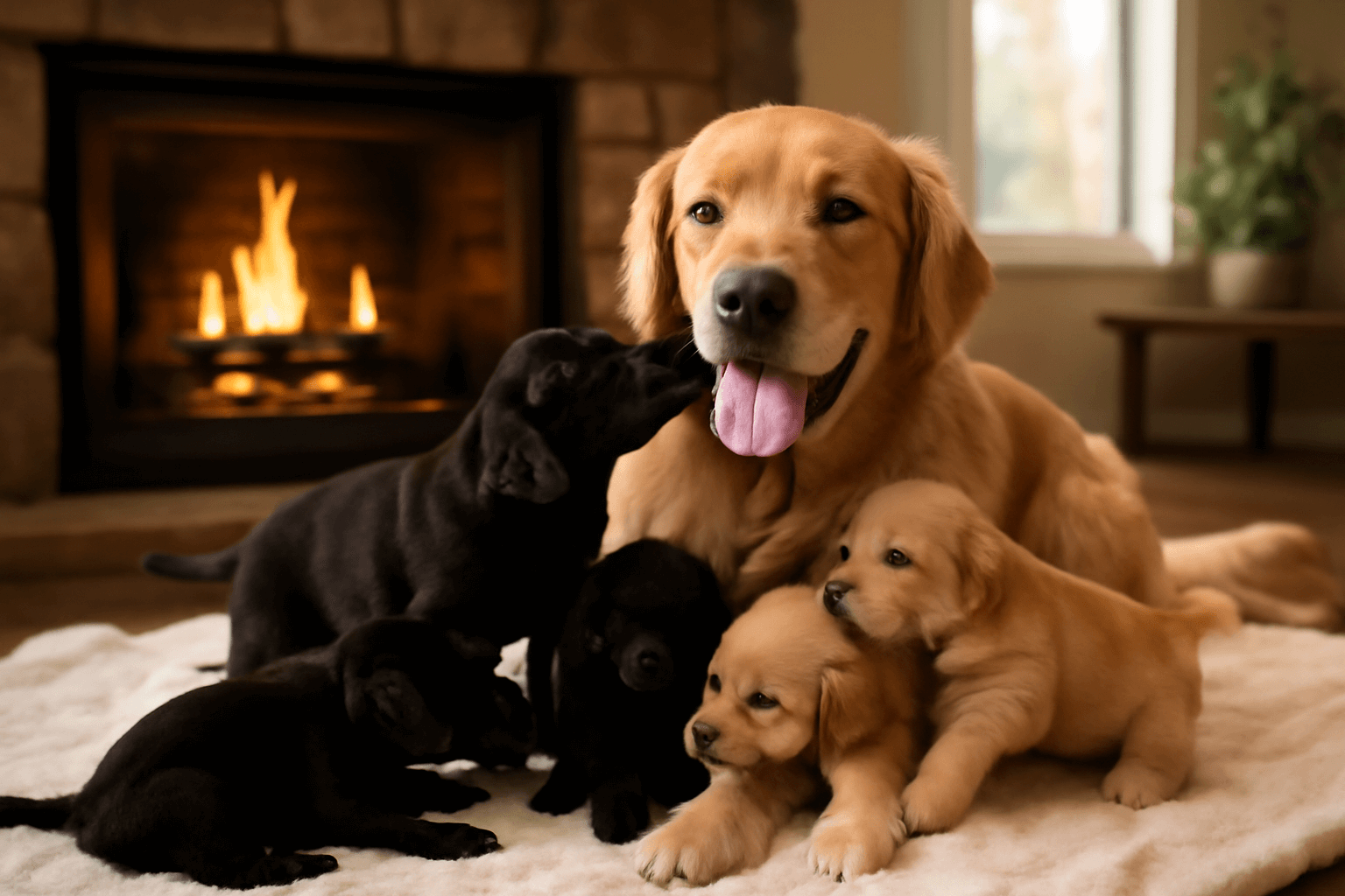 Vrcholne stesti tatinek golden retrivr obklopeny stenaty 1769389254413