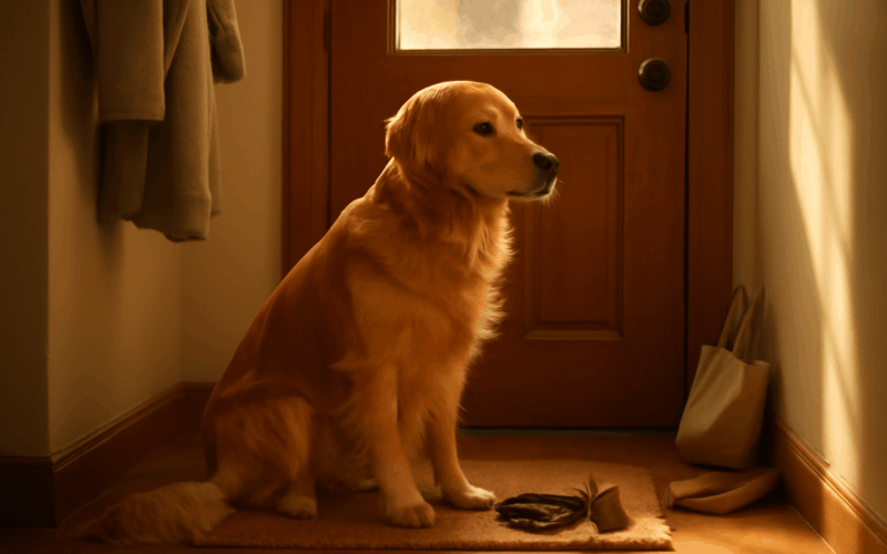Zlaty retrivr monmon sedi u dveri a smutne ceka az se vrati 1769295671308