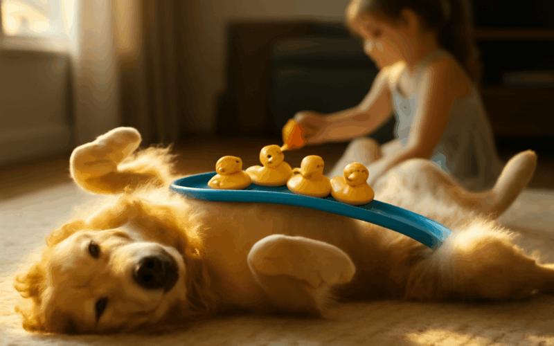 Zlaty retrivr poslusne poslouzil jako police na hracky behem 1768179657565