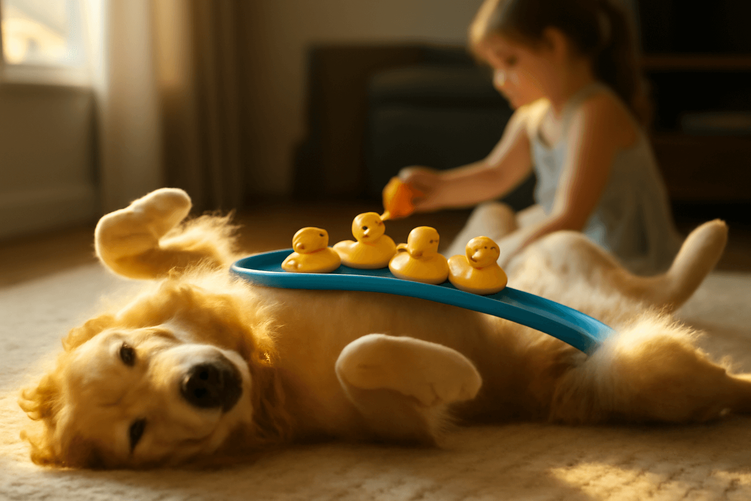 Zlaty retrivr poslusne poslouzil jako police na hracky behem 1768179657565