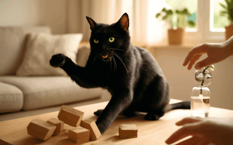 Cerny kocour rozhazel elegantni dekoraci na konferencnim sto 1770519644746