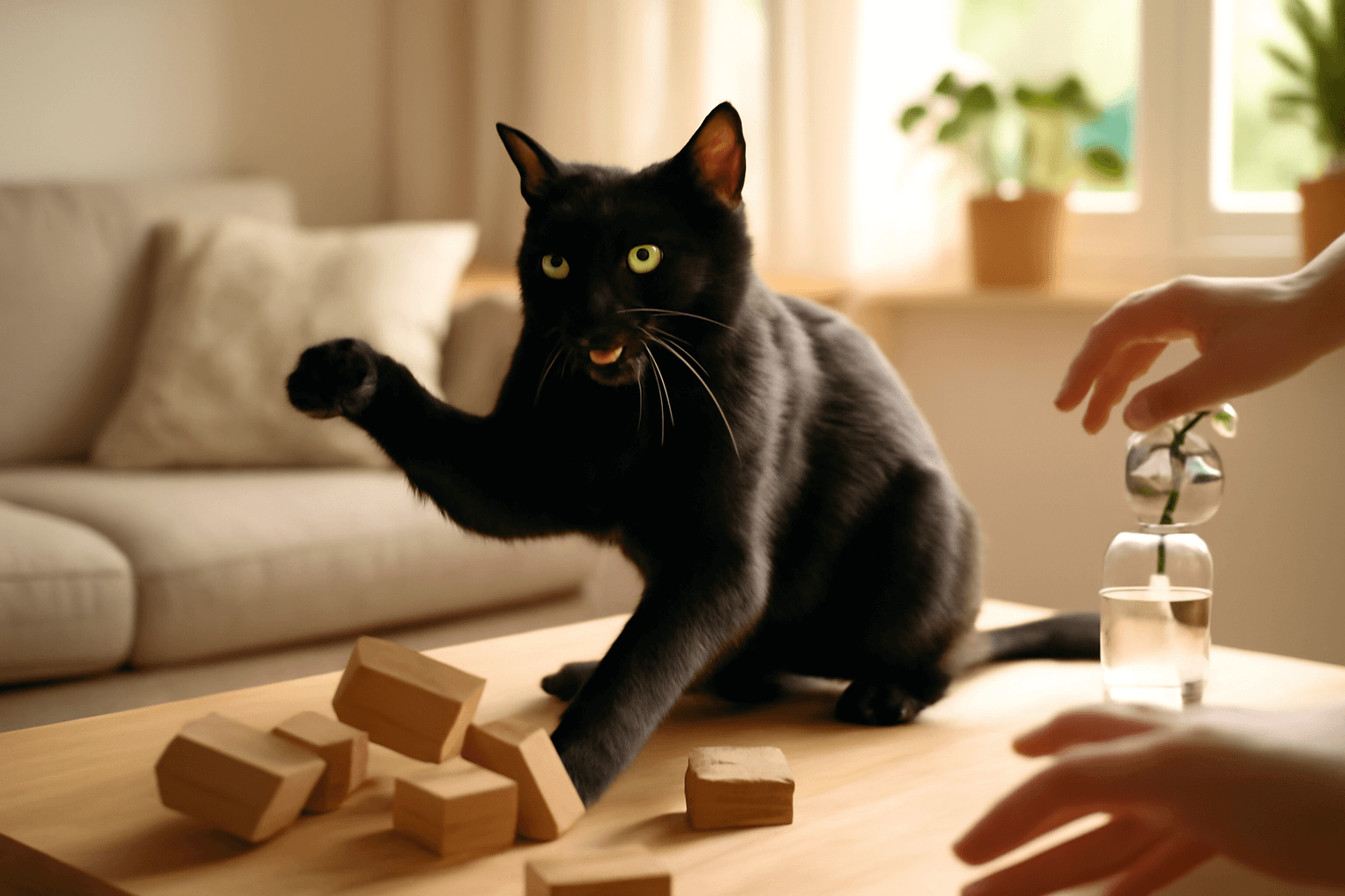 Cerny kocour rozhazel elegantni dekoraci na konferencnim sto 1770519644746