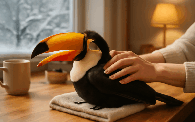 Chester popularni tukan si uziva domaci masaz behem snehoveh 1770188458858