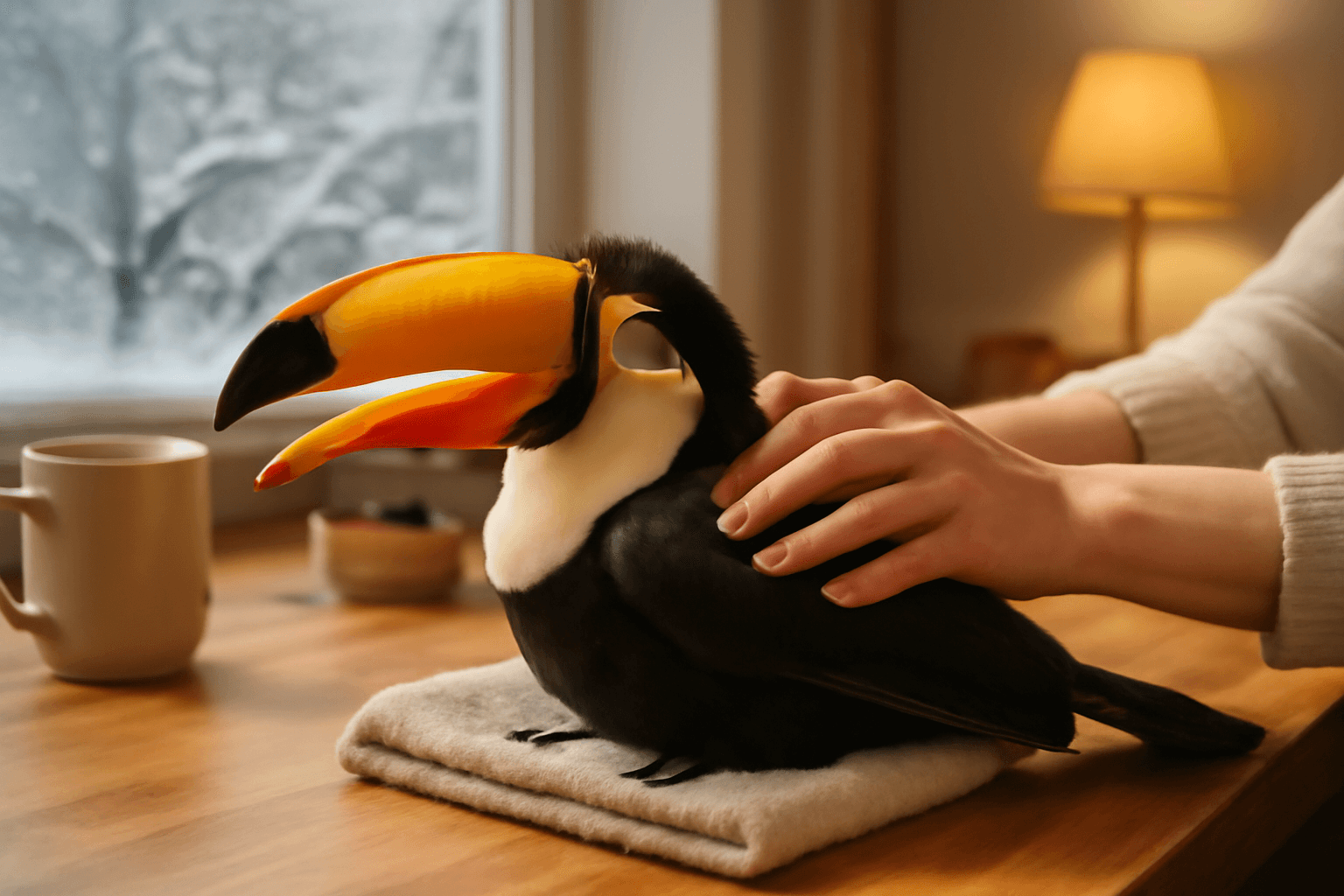 Chester popularni tukan si uziva domaci masaz behem snehoveh 1770188458858