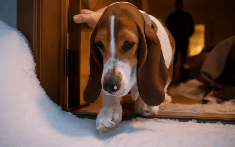 Ernie basset hound opatrny test snehu a rychly obrat do tepl 1772060498316