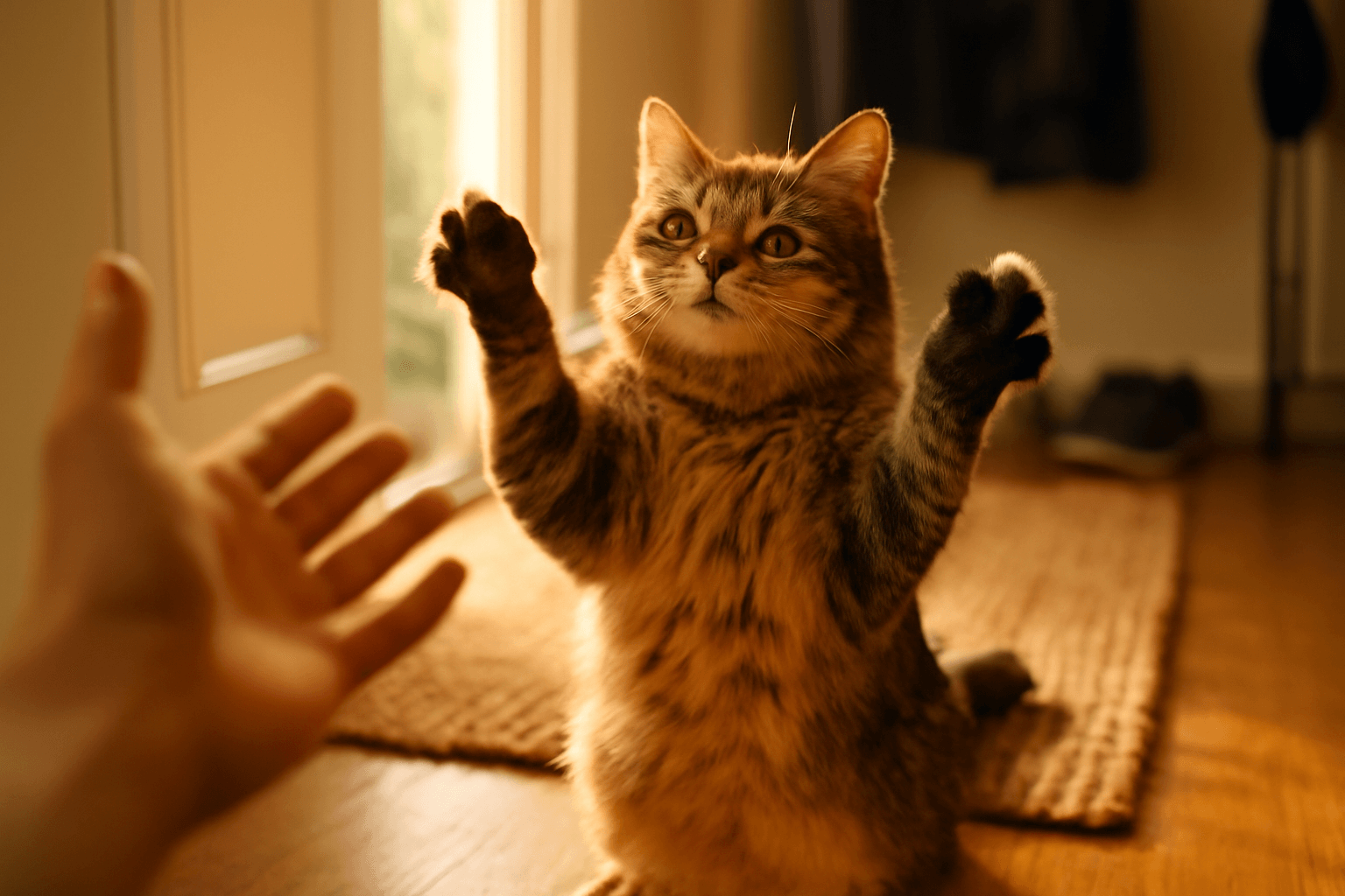 Ivy zdravi svou cloveku stoji na zadnich a mava tlapkami 1771678917132