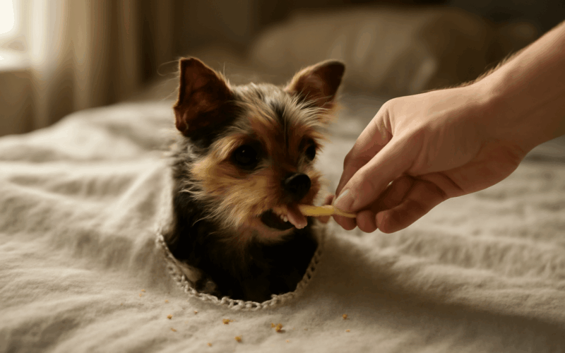 Kate se schovava v dece a dostava hranolky skrz diru 1771642902487