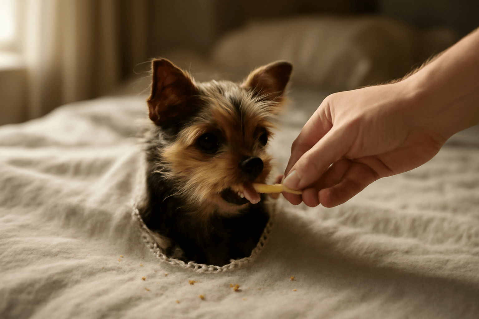 Kate se schovava v dece a dostava hranolky skrz diru 1771642902487