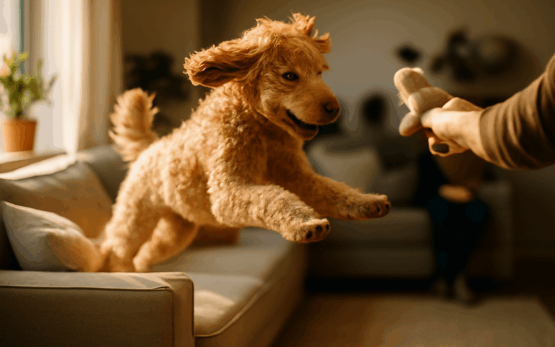 Pippa goldendoodle co sedi na okraji nabytku jako koza a pak 1770552059291