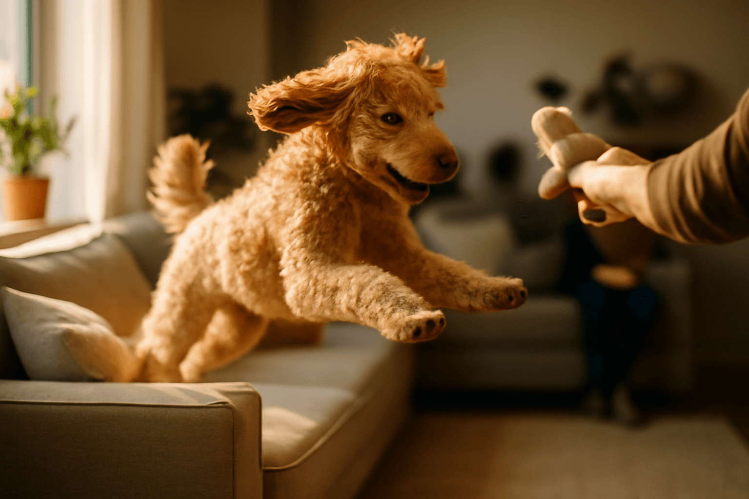 Pippa goldendoodle co sedi na okraji nabytku jako koza a pak 1770552059291