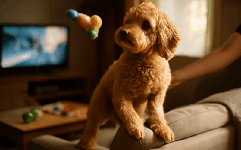 Pippa goldendoodle ktera na nabytku balancuje jako koza a pa 1770552068708