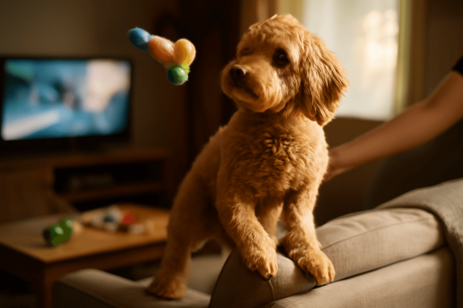 Pippa goldendoodle ktera na nabytku balancuje jako koza a pa 1770552068708