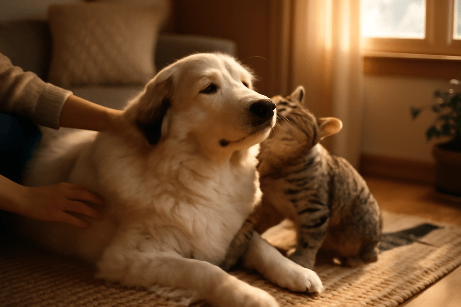 Pyrenejsky mix snasi nekonecnou naklonnost sve kocici sestri 1771801295311