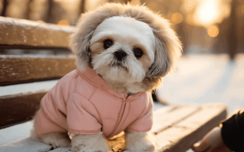 Remi mala shih tzu dobyva internet v ruzovem zimnim overalu 1770411693326