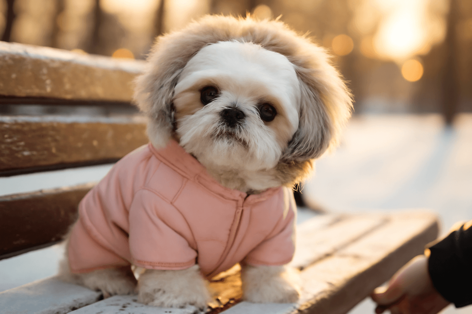 Remi mala shih tzu dobyva internet v ruzovem zimnim overalu 1770411693326