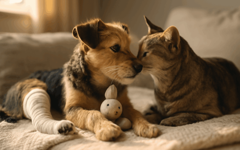 Soucitna kocka utesuje pejska po operaci nohy 1771866094353