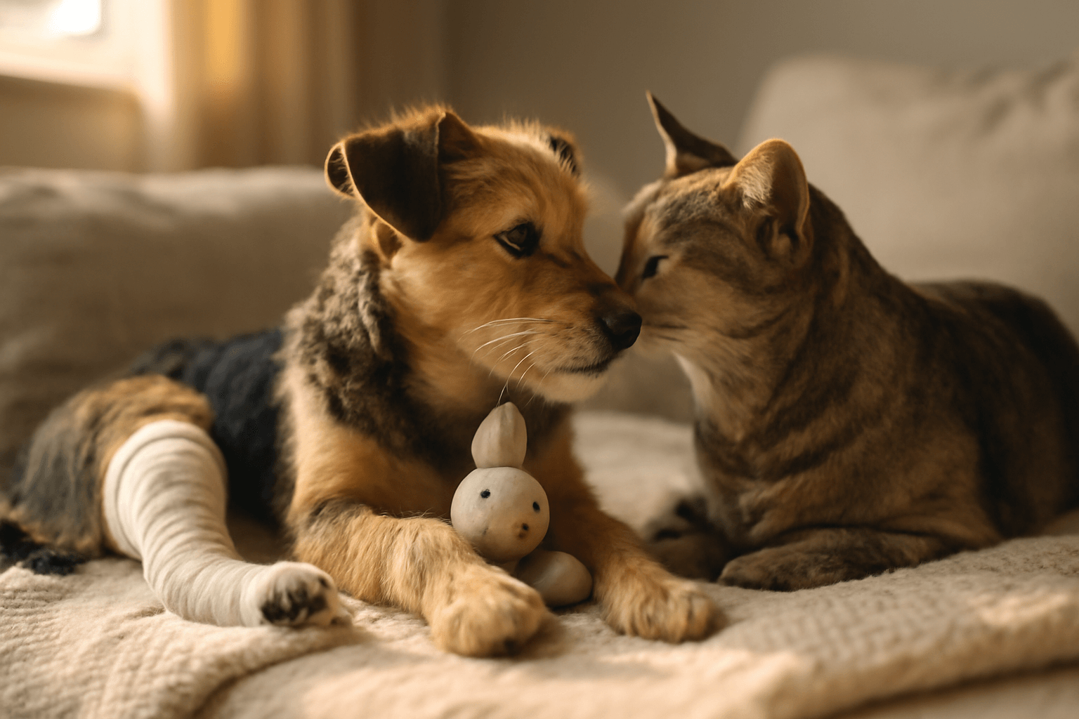 Soucitna kocka utesuje pejska po operaci nohy 1771866094353