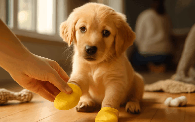 Stene golden retrievera stevie zkousi zlute boticky a vypada 1770433254779