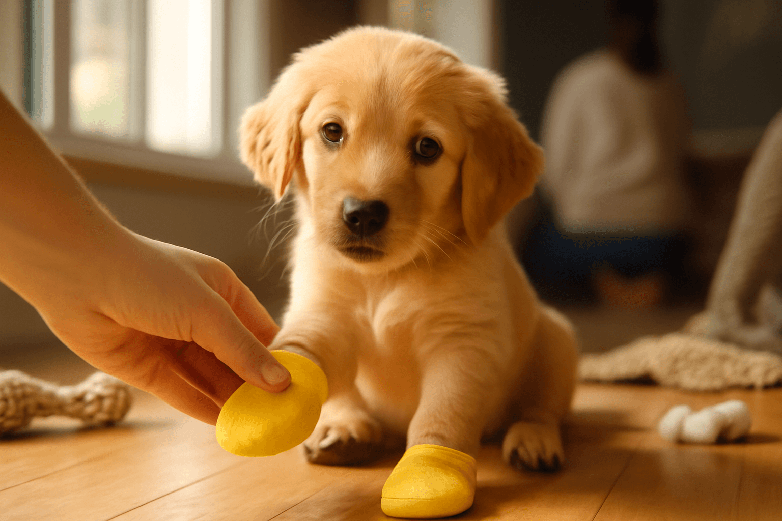 Stene golden retrievera stevie zkousi zlute boticky a vypada 1770433254779