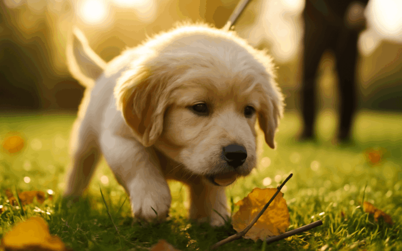 Stene zlateho retrivra na prvni prochazce trava listi a spou 1771974095708