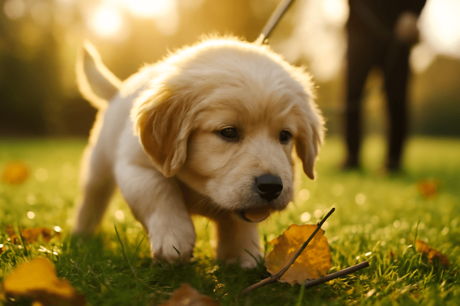 Stene zlateho retrivra na prvni prochazce trava listi a spou 1771974095708