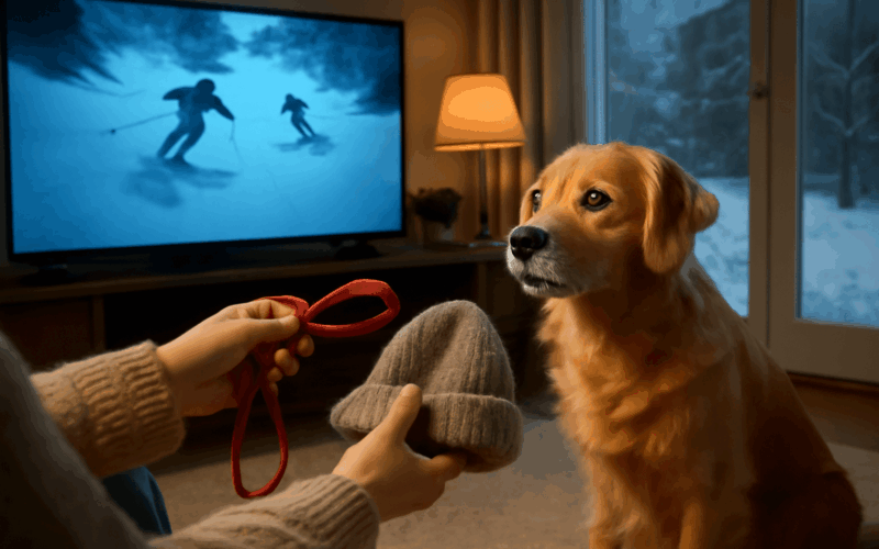 Wally zlaty retrivr fascinovany olympijskym zavodem na lyzic 1772067696310