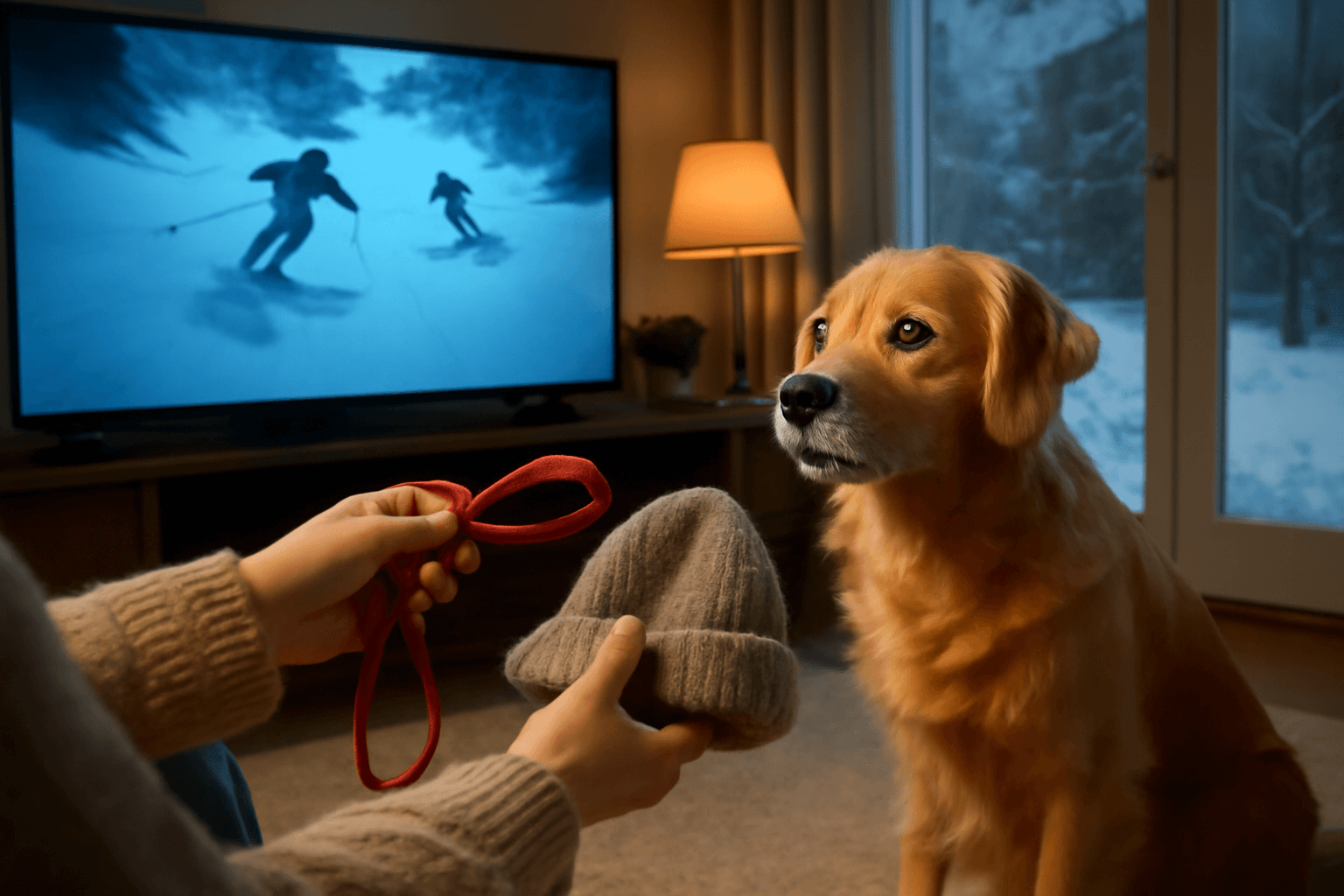 Wally zlaty retrivr fascinovany olympijskym zavodem na lyzic 1772067696310