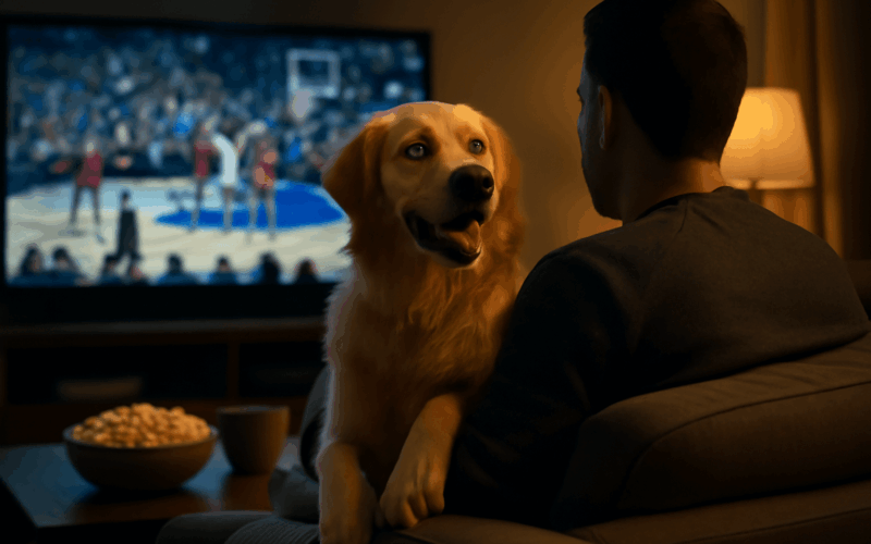 Winston zlaty retrivr fandi u televize s tatou pri utkani mi 1772154087110