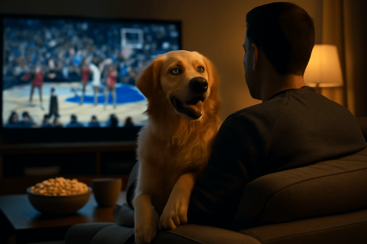 Winston zlaty retrivr fandi u televize s tatou pri utkani mi 1772154087110