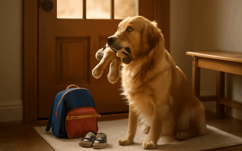 Zlaty retrivr u dveri hracku v tlame a cekani na navrat kama 1771362085927