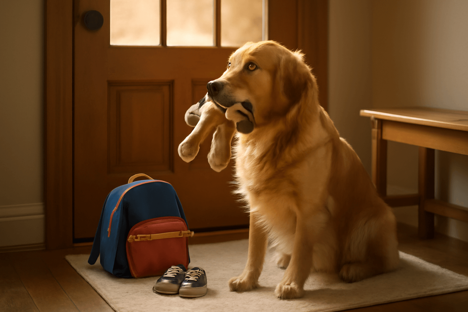 Zlaty retrivr u dveri hracku v tlame a cekani na navrat kama 1771362085927